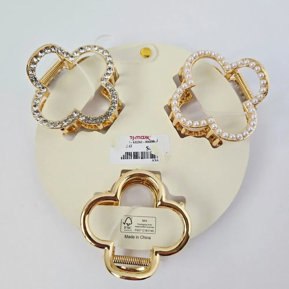 3 Pc Piper K Hair Clip Gold Tone Clover Shape Set Metal Jaw Clip Boho Elegant